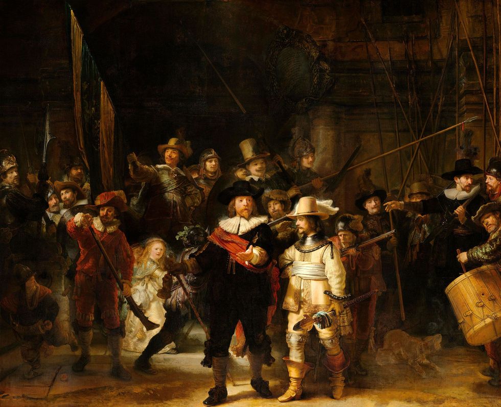 Rembrandts beroemdste schilderij toont de schutterscompagnie van kapitein Frans Banninck Cocq en luitenant Willem van Ruytenburgh die zich in beweging zet Het is het grootste bewaard gebleven schilderij van Rembrandt 363x438 cm