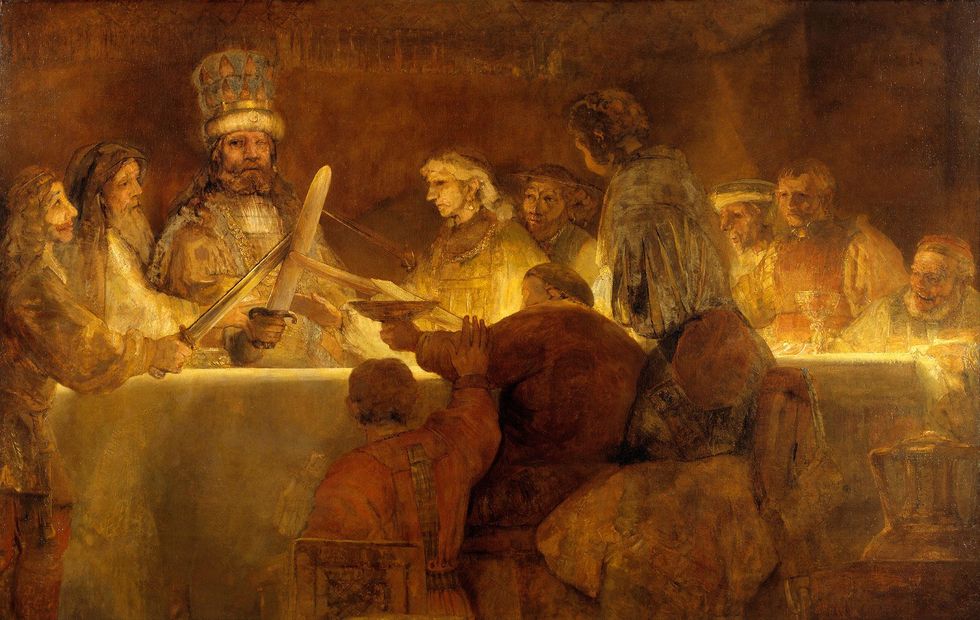 Rembrandt schilderde een historiestuk van het moment waarop de eenogige aanvoer der van de Bataven Claudius Civilis stamleiders en strijders oproept een eed te zweren tegen de Romeinen