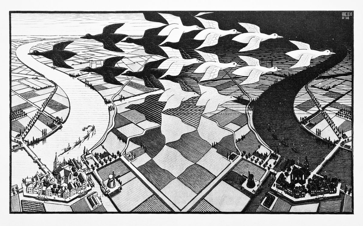 De kunstenaar MC Escher 18981972 baseerde zich bij zijn gravures lithografien en houtsneden boven Dag en Nacht uit 1938 vaak op wiskundige principes Zelf was hij een matige leerling zijn eerste hbsrapport telde louter onvoldoendes op een 6 voor Duits en 7 voor tekenen na