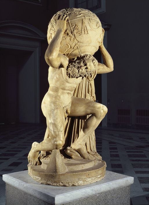 Atlas leidde de Titanen in hun gevecht tegen de goden van de Olympus Na de overwinning van de Olympirs veroordeelde Zeus hem ertoe de wereld op zijn schouders te dragen tot in de eeuwigheid zoals is te zien in deze Atlas van FraneseKopie uit ca 150 nC van een hellenistisch origineel nationaal archeologisch museum Napels