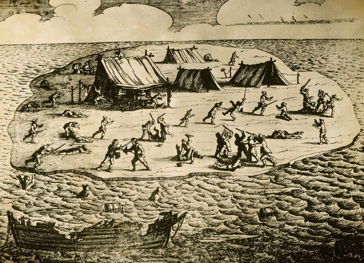 De massamoord Isaac Commelin publiceerde het eerste boek over de schipbreuk van de Batavia in 1647 Deze uitgave was voorzien van verschillende illustraties van de hand van Jan Janszoon Dit is de afbeelding van de massamoord