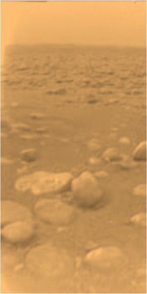 Het oppervlak van Titan gefotografeerd door de Huygens lander NASAESAJPLUniversiteit van Arizona
