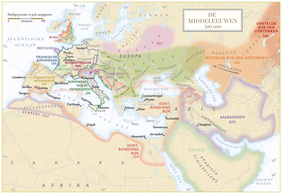 In WestEuropa ontstond een Frankisch rijk ondanks het bondgenootschap tussen Ostrogoten en Visigoten De OostRomeinse keizer Justinianus verdreef de Vandalen uit het westen viel Visigotisch gebied binnen en weerstond de Perzen in het oosten De Angelsaksen hadden Brittannie stevig in handen