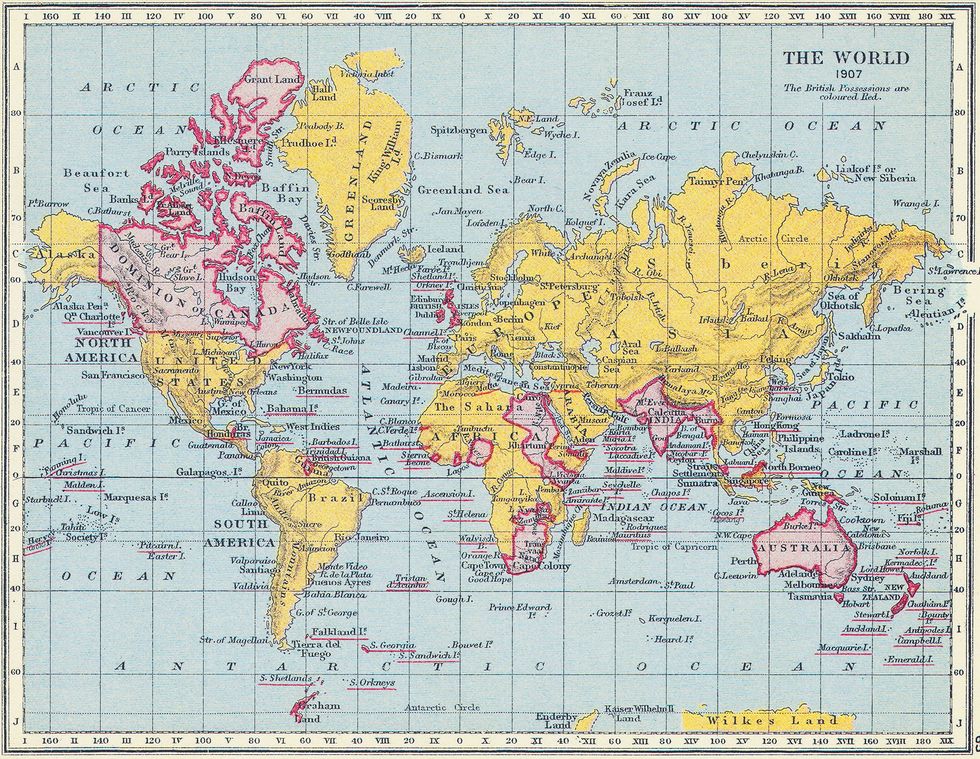 Op deze kaart uit 1907 zijn de Britse bezittingen rood gekleurd Na de Eerste Wereldoorlog groeide het Britse Rijk nog verder doordat ook de voormalige Duitse kolonien en delen van het Ottomaanse Rijk werden toegevoegd