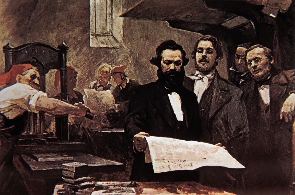 Marx en Engels in de drukkerij van de Neue Rheinische Zeitung in 1848 en 1849 de spreekbuis van de Bond der Communisten Olieverfschilderij van J Chapiro MarxEngelsLeninInstituut Moskou