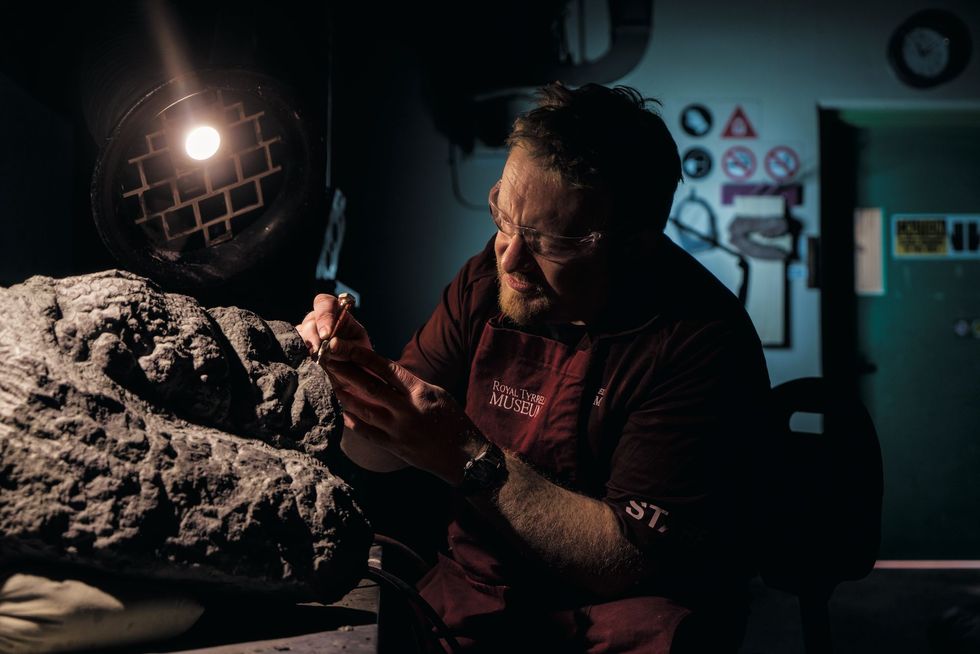 GalgenmaalVoorzichtig werkt technicus Mark Mitchell van het Royal Tyrrell Museum aan de poot met de geschubde voetkussens Met vaste hand heeft hij het dier uit het gesteente tevoorschijn gehaald