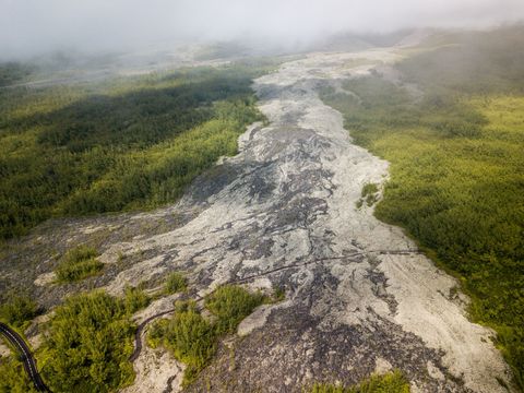 Het lavaveld van de uitbarsting in 2004 bezien vanuit de lucht