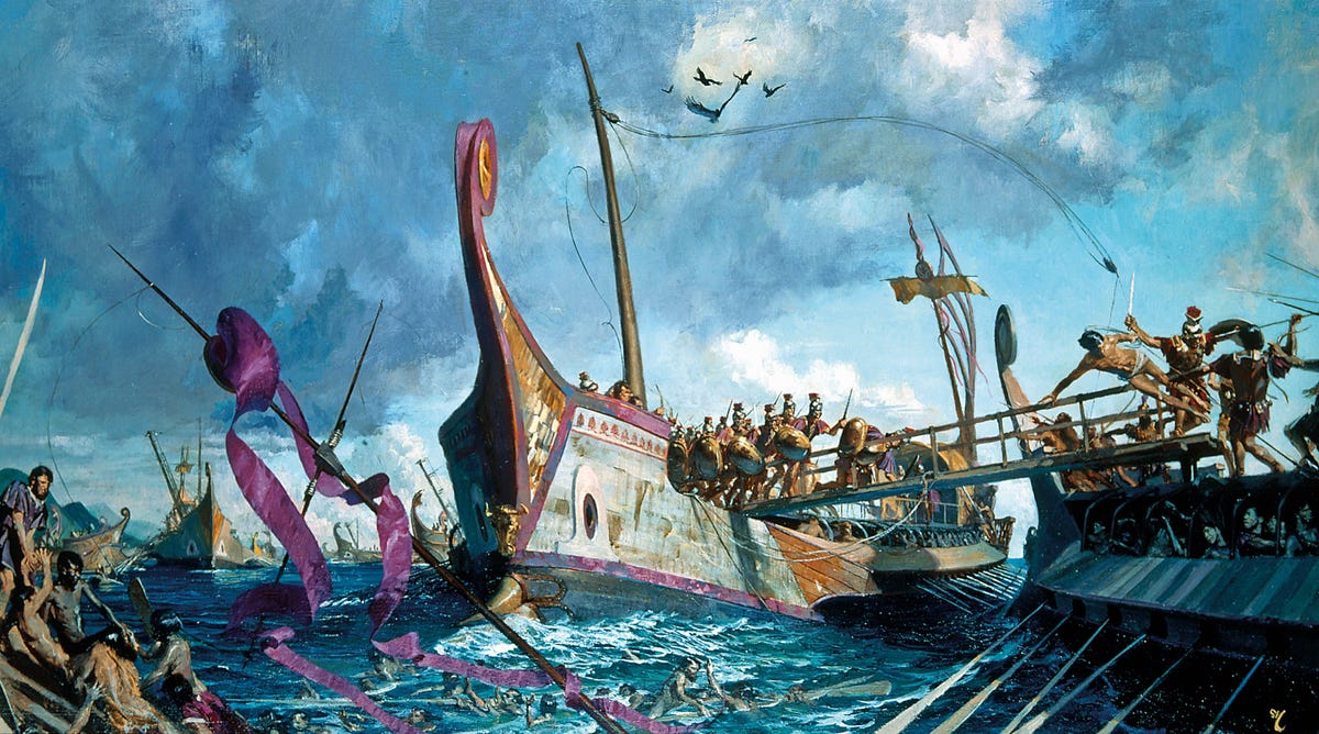 De Corvus was met touwen aan de mast vastgemaakt en werd losgelaten om de afstand naar het vijandelijke dek te overbruggen Met een haak pikte de Corvus zich vast De Corvus ging meestal verloren bij de zeeslag