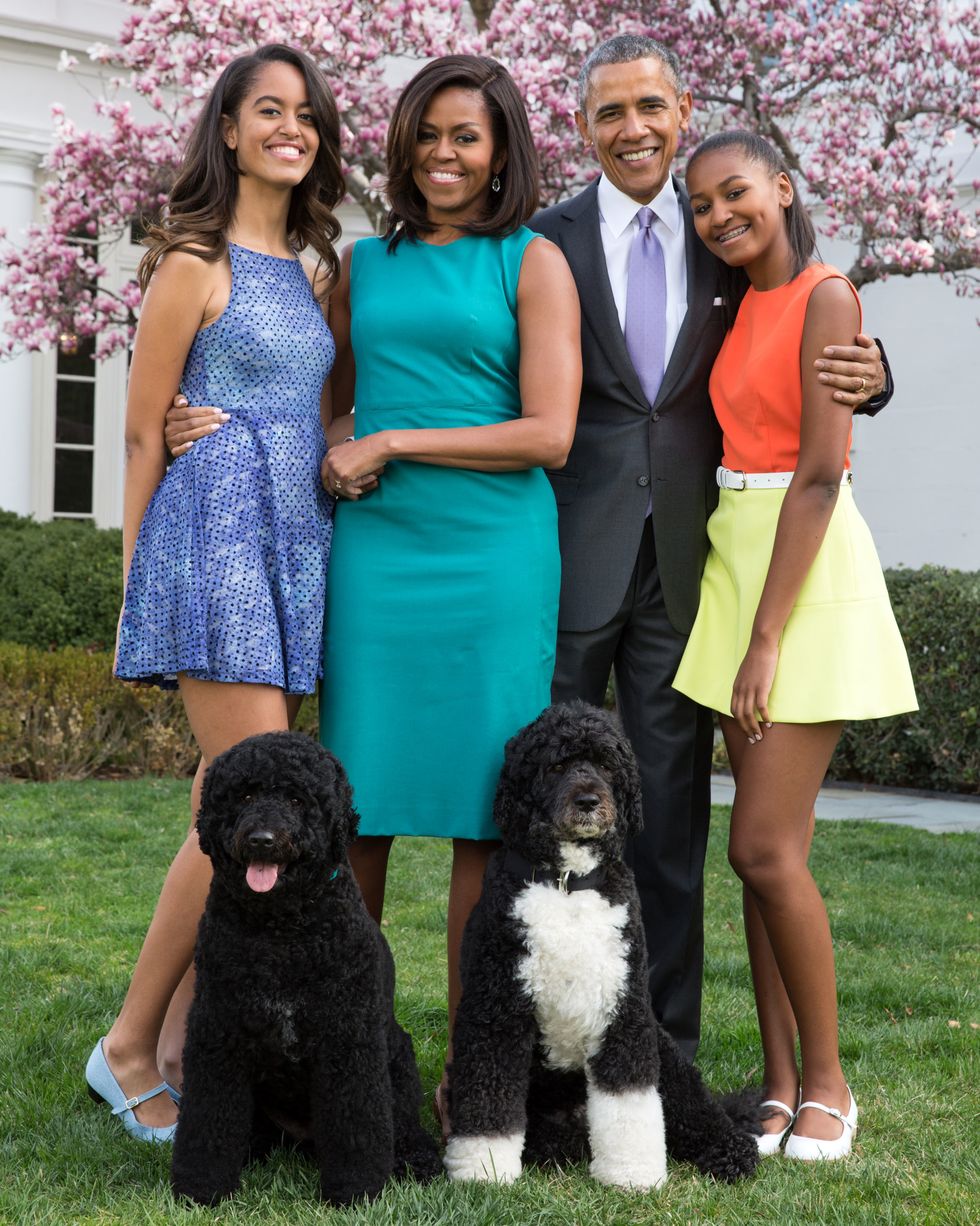 malia obama, michelle obama, barack obama, and sasha obama smile at the camera while standing on a lawn outside the white house, sitting in front of them are their two dogs, all four family members are wearing formal attire