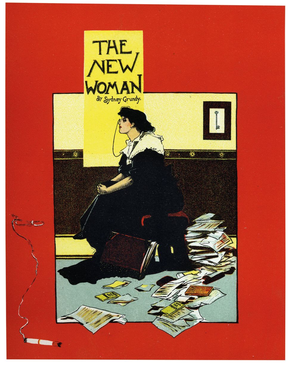 Dit affiche uit 1897 voor het toneelstuk De nieuwe vrouw van Sydney Grundy laat de gevolgen zien van de groeiende informatiestroom over het vrouwenkiesrecht