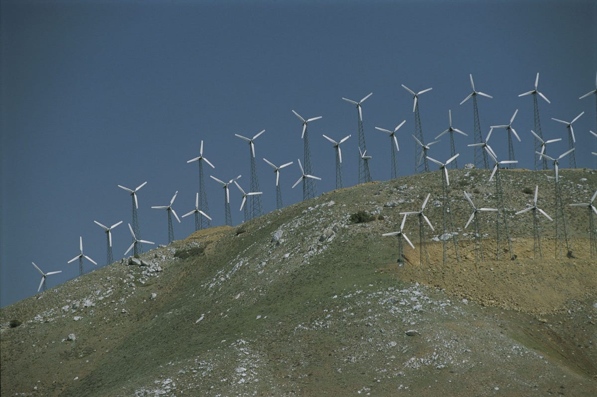 Windenergie floreert in de VS zoals onder meer blijkt uit deze windturbines in Californi