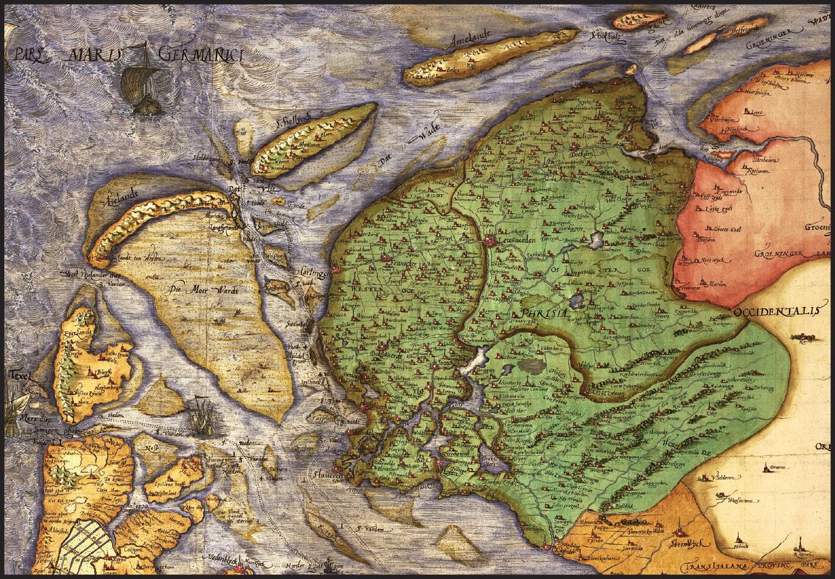 In 1573 maakte Christiaan Sgrooten deze kaart van Friesland en omliggende gebieden Hij deed dit in de Tachtigjarige Oorlog als hofcartograaf van Filips II van Spanje in opdracht van de hertog van Alva