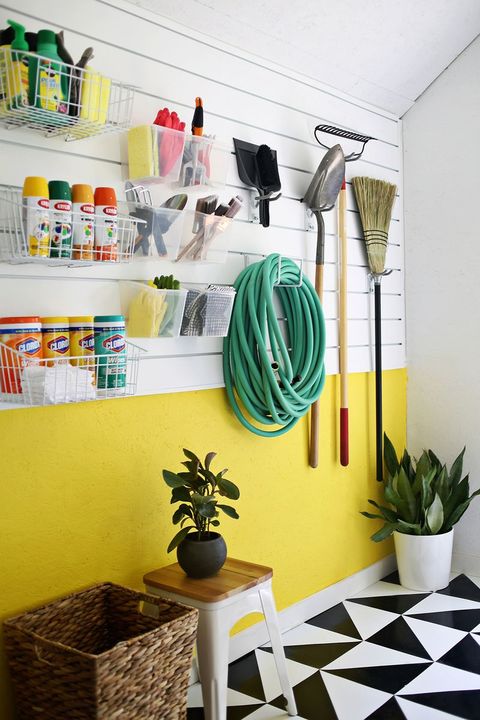 decorated garage with yellow wall