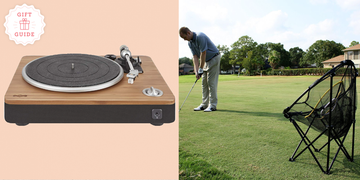a record player and golf chipper are two good housekeeping picks for best gifts for men