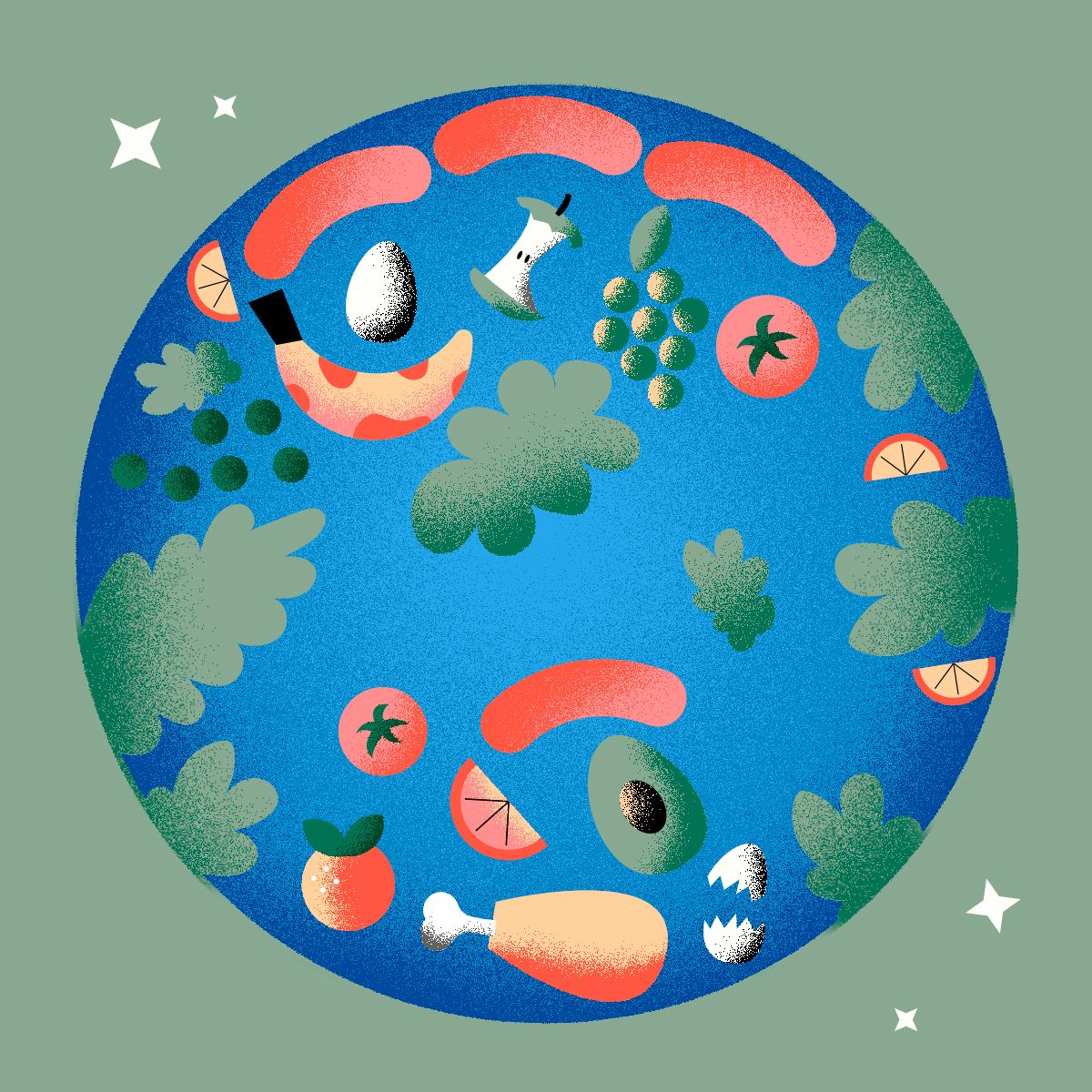 globe with food in place of planets