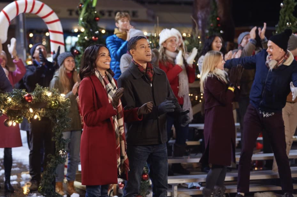scene from hallmark movie called "a christmas tree grows in christmas"