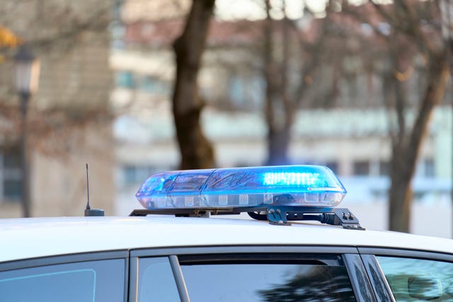 a close up view of a police vehicle with blue lights patrolling near a public park with the windows and doors closed