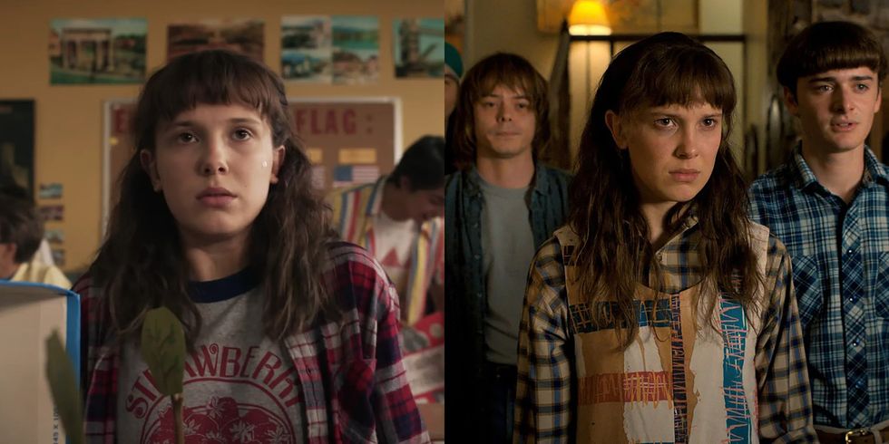 eleven glowers in class, and eleven stands in front of her friends, in two different scenes from stranger things' fourth season