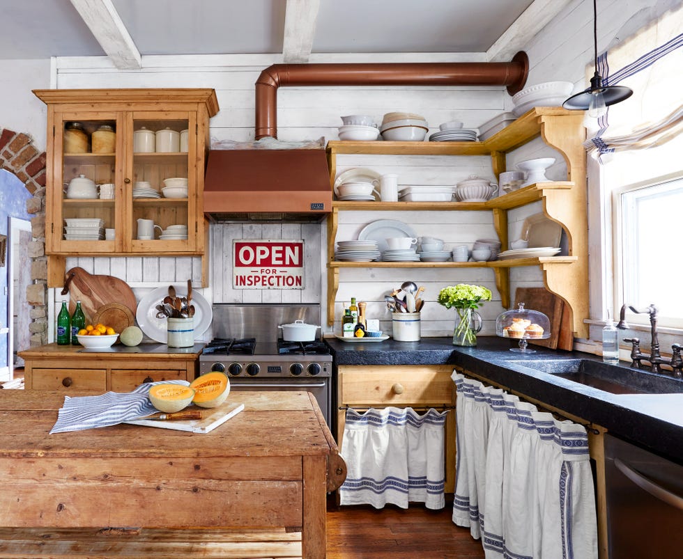 kitchen with open shelves\, wood