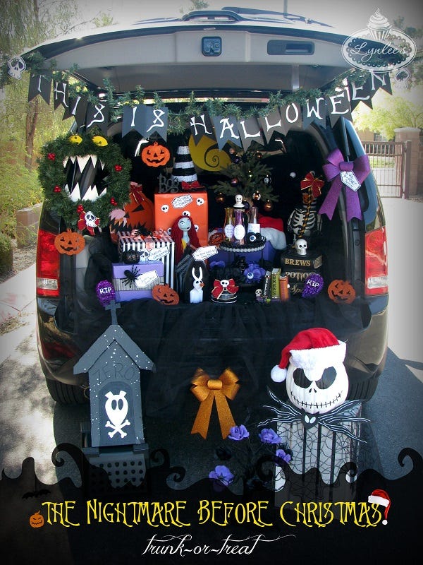 a car decked out for trunk or treat in a nightmare before christmas theme with many props and characters from the movie and a this is halloween banner