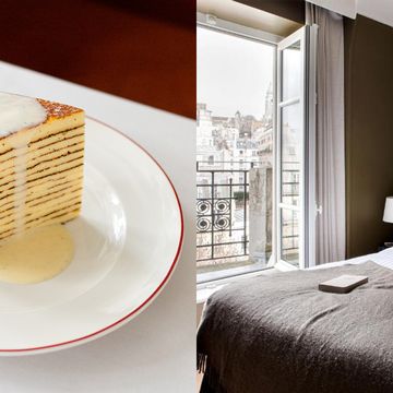 a plate of pancakes on the left and hotel room with impressive views on the right