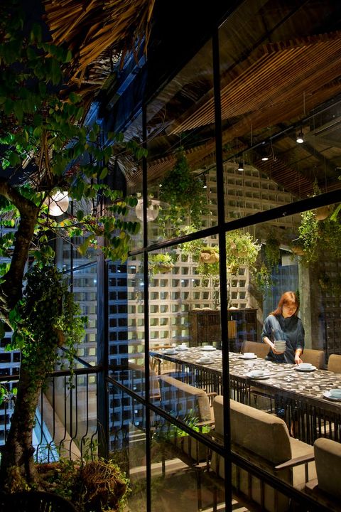 Een serveerster dekt een tafel in Uudam een chique veganistisch restaurant in Hanoi Catherine Smaakvol design en veganistisch eten dat is volledig nieuw in Vietnam Het decor van planten en bomen zorgt voor een oase van rust in het centrum van het hectische Hanoi