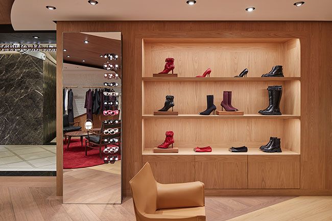 a shoe store with shoes on display
