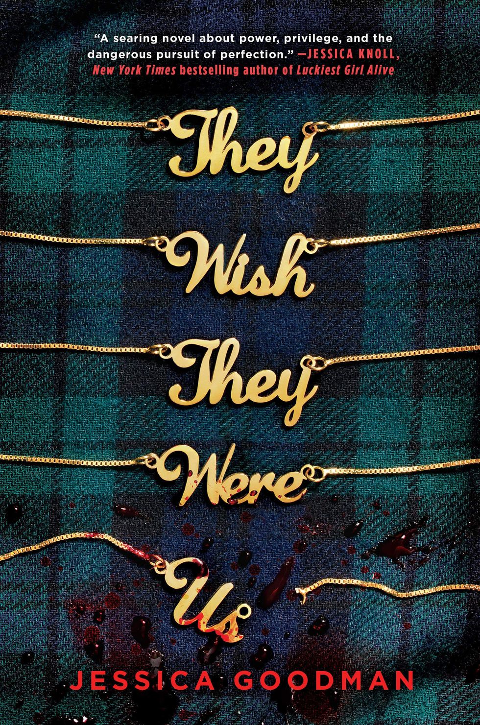 they wish they were us by jessica goodman cover art featuring bloodied green and blue plaid with the title on top in gold chain necklaces for each word
