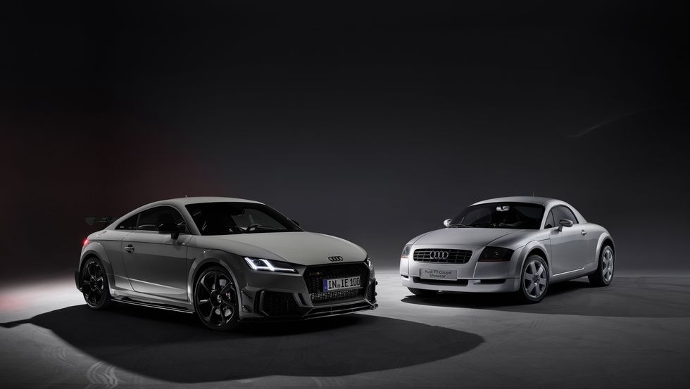 audi tt rs and audi tt concept parked together in shown both in gray
