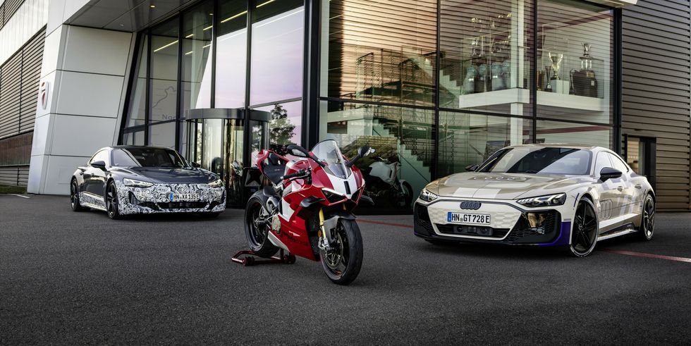 controllable performance in a double pack the prototype of the upgraded e tron gt and the ducati panigale v4 r