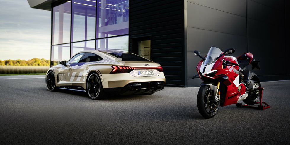 controllable performance in a double pack the prototype of the upgraded e tron gt and the ducati panigale v4 r