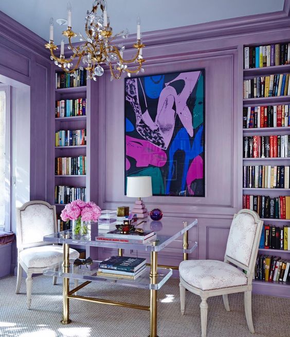 Purple, Furniture, Room, Violet, Living room, Interior design, Property, Lilac, Wall, Table, 