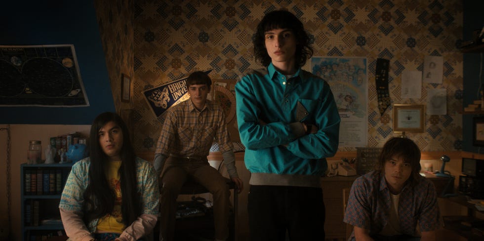 los personajes protagonista de strangers things 4 con ambiente años 80