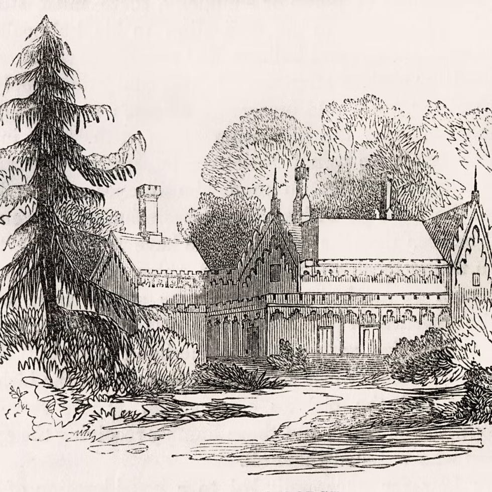 Architectural illustration of a Gothic-style building surrounded by trees and shrubs.