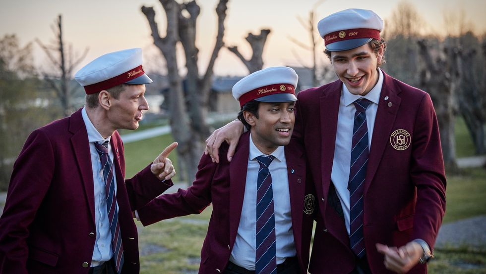 young royals s3 l to r nils wetterholm as vincent, samuel astor as nils, malte gårdinger as august, in young royals cr courtesy of netflix © 2023