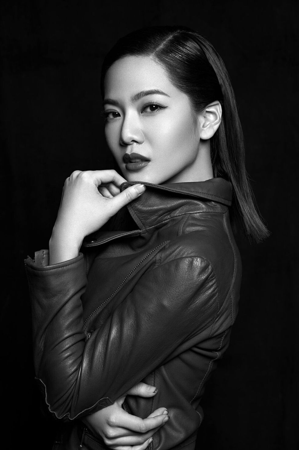 Black, Face, White, Beauty, Black-and-white, Lip, Leather, Model, Monochrome, Photo shoot, 