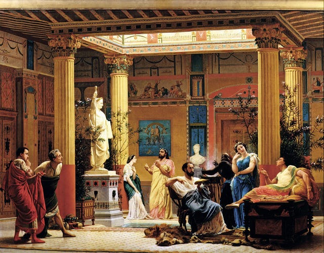 patriciers komen bijeen in het atrium van een romeins huis