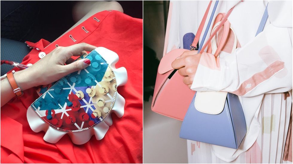 Red, Blue, Pink, Hand, Bag, Textile, Fashion accessory, Finger, Handbag, Pattern, 