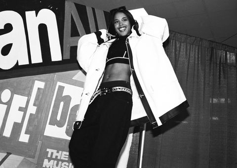 Aaliyah: R&B singer Aaliyah strikes a pose backstage at Lifebeat's Urban Aid concert in Madison Square Garden on October 5, 1995.