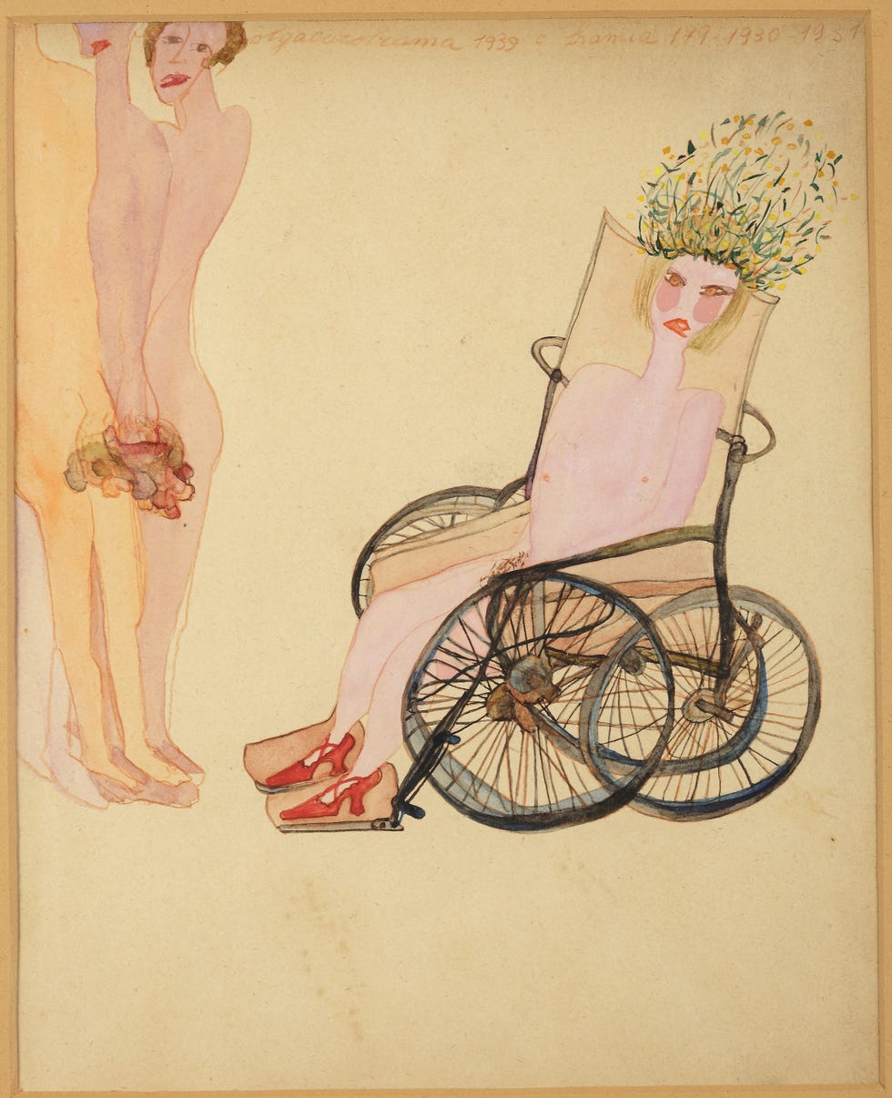 depiction of a seated figure in a wheelchair alongside two standing figures