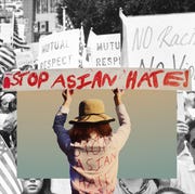 This is an image person holding sign that reads stop asian hate collaged on top of an image of a aapi protest from 1972