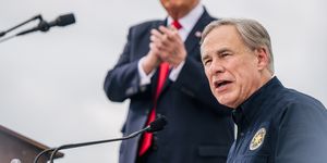 pharr, texas   june 30 texas gov greg abbott speaks alongside former president donald trump during a tour to an unfinished section of the border wall on june 30, 2021 in pharr, texas gov abbott has pledged to build a state funded border wall between texas and mexico as a surge of mostly central american immigrants crossing into the united states has challenged us immigration agencies so far in 2021, us border patrol agents have apprehended more than 900,000 immigrants crossing into the united states on the southern border  photo by brandon bellgetty images
