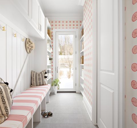 entryway ideas pink wallpaper and striped bench