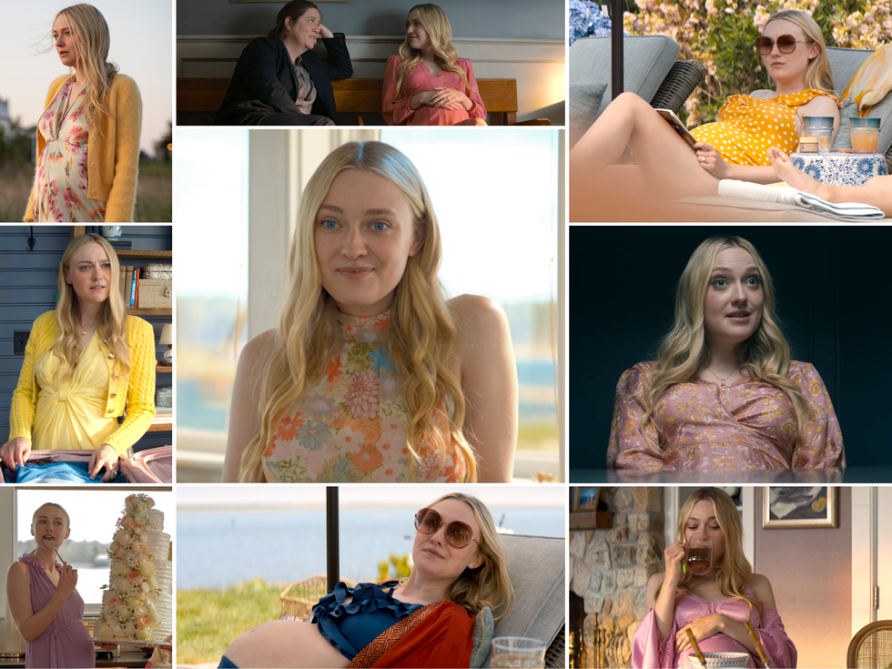 a collage of images of dakota fanning as abby winbury in netflix's the perfect couple