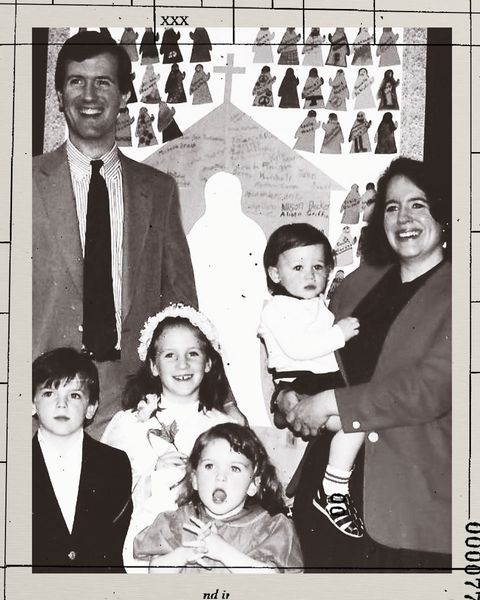 barrett doyle with her husband, bill doyle, and their four children after a church play