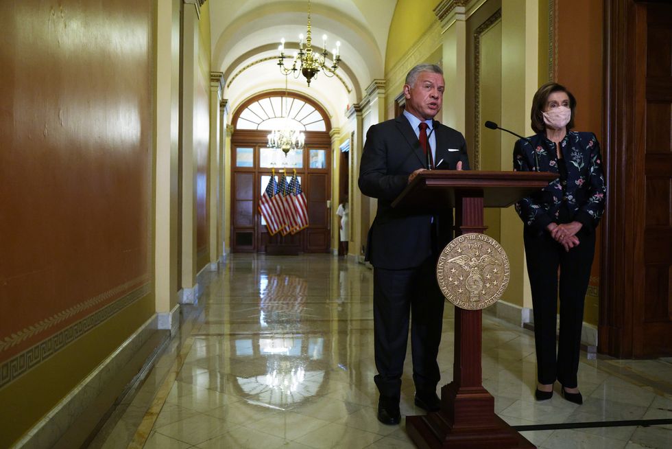 washington, dc   july 22  us speaker of the house rep nancy pelosi d ca and king abdullah ii of jordan participate in a photo op in the speaker’s balcony hallway of the us  capitol july 22, 2021 in washington, dc king abdullah met with a bipartisan group of house members at the capitol  photo by alex wonggetty images