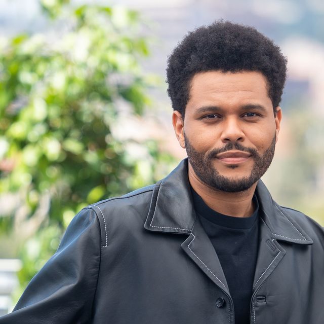 the weeknd smiles at the camera while standing outside in a black jacket and black shirt