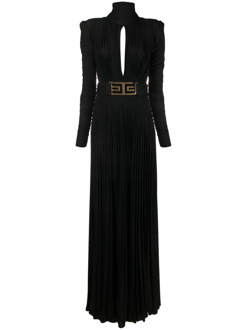 a black dress with a gold belt