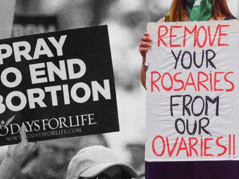 two protestors one holding a sign in favour of ending abortion and another holding a sign saying remove your rosaries from our ovaries which is in favour of women having choice and the church backing away from reproductive rights