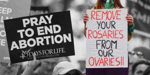 two protestors one holding a sign in favour of ending abortion and another holding a sign saying remove your rosaries from our ovaries which is in favour of women having choice and the church backing away from reproductive rights